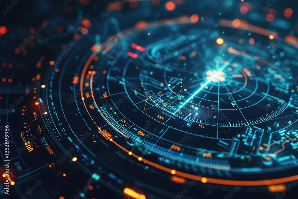 Poster futuristic radar display with glowing lines and data points, showing advanced technology.