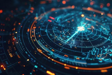 Futuristic radar display with glowing lines and data points, showing advanced technology.
