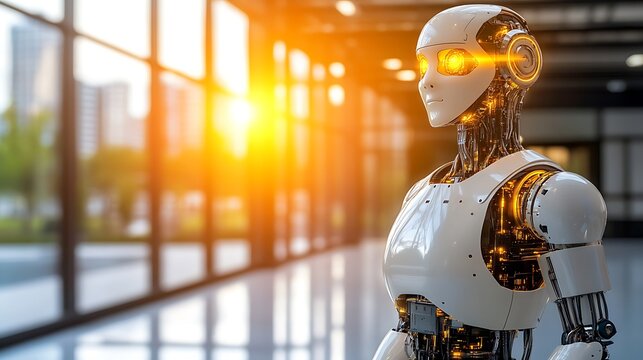 A futuristic white robot looking thoughtfully with its glowing eyes - Powered by Adobe