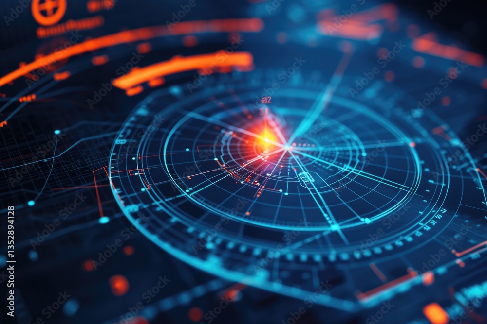 Poster abstract digital data visualization with glowing lines and nodes forming a futuristic radar interfac