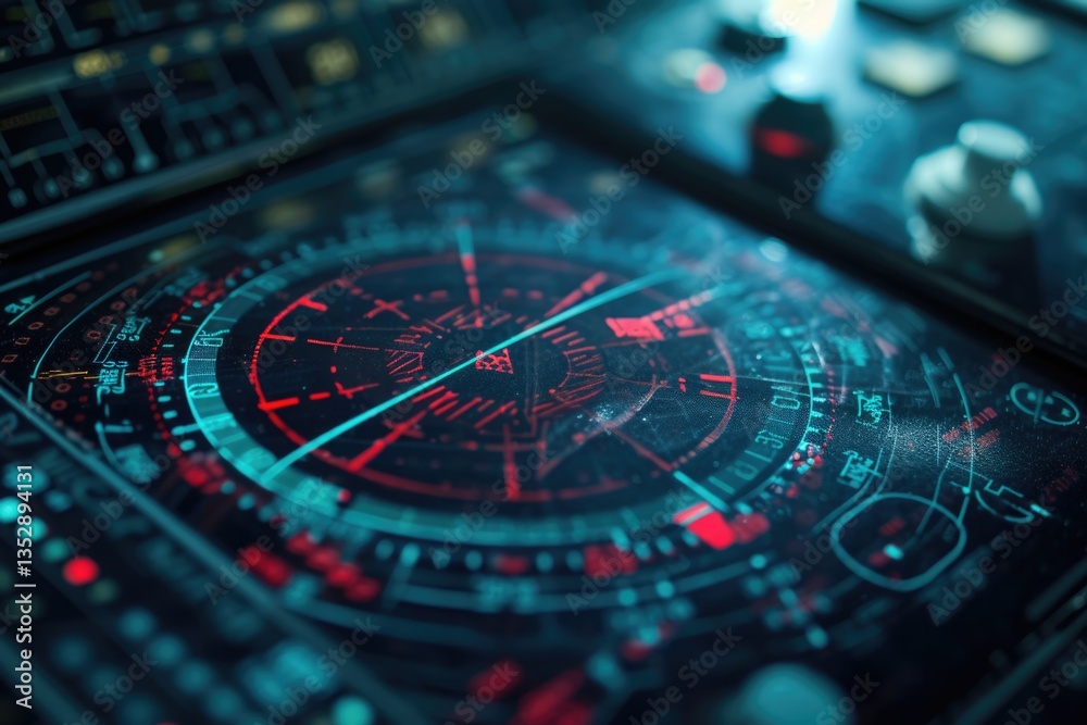 Poster close-up of a futuristic digital interface displaying complex data and navigational elements.