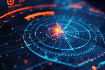 Abstract digital data visualization with glowing lines and nodes forming a futuristic radar interface.