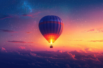 A hot air balloon ascends through a vibrant sunset sky, stars twinkling above a sea of clouds.