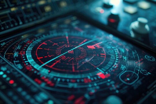 Close-up of a futuristic digital interface displaying complex data and navigational elements.