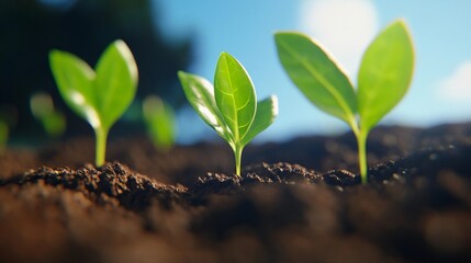 Fototapeta premium Young Green Seedlings Plants Growing in Fertile Soil Under Sunlight in a Natural Setting Representing Growth and Investment, Sustainability and Environmental Awareness Concept 