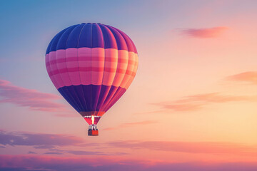 Obraz premium A vibrant hot air balloon gracefully floats across a breathtaking sunset sky.