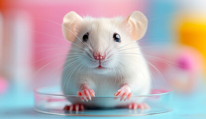 Lab mouse on a dish. A white mouse sits on a glass dish in a laboratory with colorful backgrounds, showcasing its curious expression.