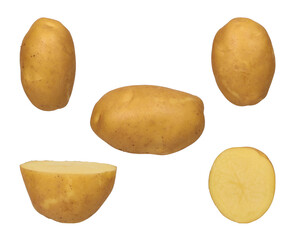 Potatoes fresh raw whole and slice isolated png background, Potatoes set.