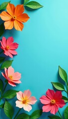 Fototapeta premium Overhead vibrant paper flowers, green leaves, blue backdrop, vibrant, art