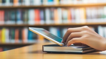 Person Using Tablet While Reading Book in Cozy Library Setting