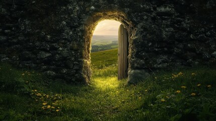 Obraz premium Ancient Stone Wall Doorway to Green Valley Sunset.