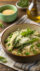 A creamy risotto with bright green peas, asparagus, and fresh basil, served in a deep ceramic bowl. The dish is sprinkled with grated Parmesan and cracked black pepper