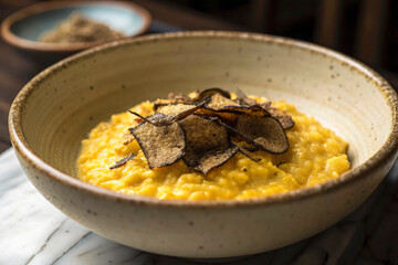 A creamy saffron-infused risotto served in a handmade ceramic bowl, with thinly shaved black truffle resting atop. The rich, golden hue of the dish contrasts beautifully