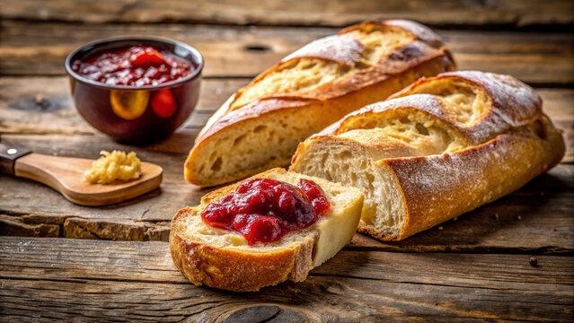 A crusty, golden baguette broken in half, with one piece spread with creamy butter and the other with homemade strawberry jam. The texture of the bread is visible, with crumbs scattered