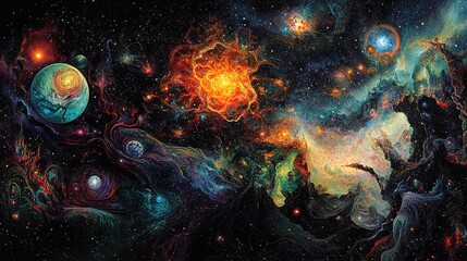 Obraz premium A vivid and colorful cosmic landscape depicting a swirling galaxy with multiple planets, vibrant nebulae, and radiant stars. The artwork captures a dynamic interplay of colors ranging from deep blues 