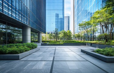 Fototapeta premium Modern urban landscape featuring commercial buildings and green spaces