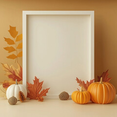 Biała pusta drewniana ramka na zdjęcie i dynie