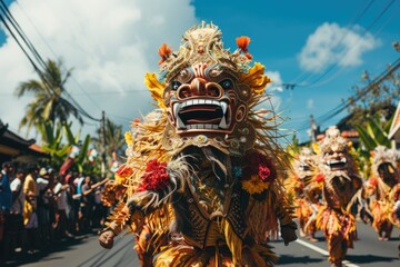 Fototapeta premium A vibrant Balinese Barong dance parade showcasing ornate masks and traditional costumes under a sunny sky.