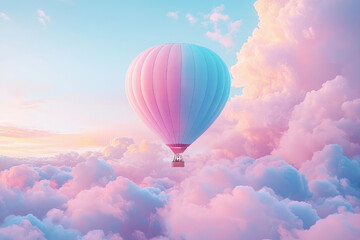 Obraz premium A pastel-colored hot air balloon floats serenely amidst dreamy pink and blue clouds.