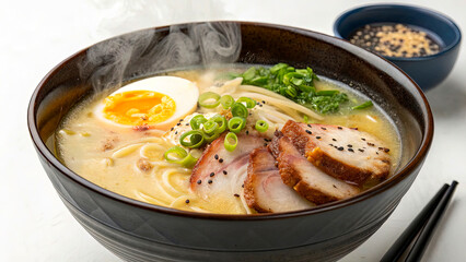 A deep bowl of tonkotsu ramen with a creamy broth, tender chashu pork, a soft-boiled egg with a runny yolk, scallions, and sesame seeds. Steam rises from the bowl, emphasizing the warmth of the dish