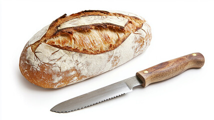 Freshly baked artisanal bread loaf with a serrated knife on a clean white background