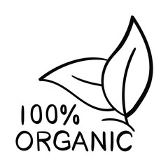  Hand-drawn vector icon for 100% Organic. A clean hand-drawn design showcasing eco-friendly and toxin-free product certification.