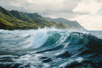 A large turquoise ocean wave crashing near lush green mountains and sky