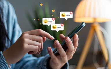 Digital Connection: Close-up shot of hands interacting with a phone, emoji icons hovering, suggesting a moment of digital connection.