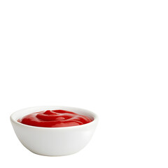 A smooth, bright red tomato condiment fills a small white bowl, creating a tasty addition to any snack or meal. 