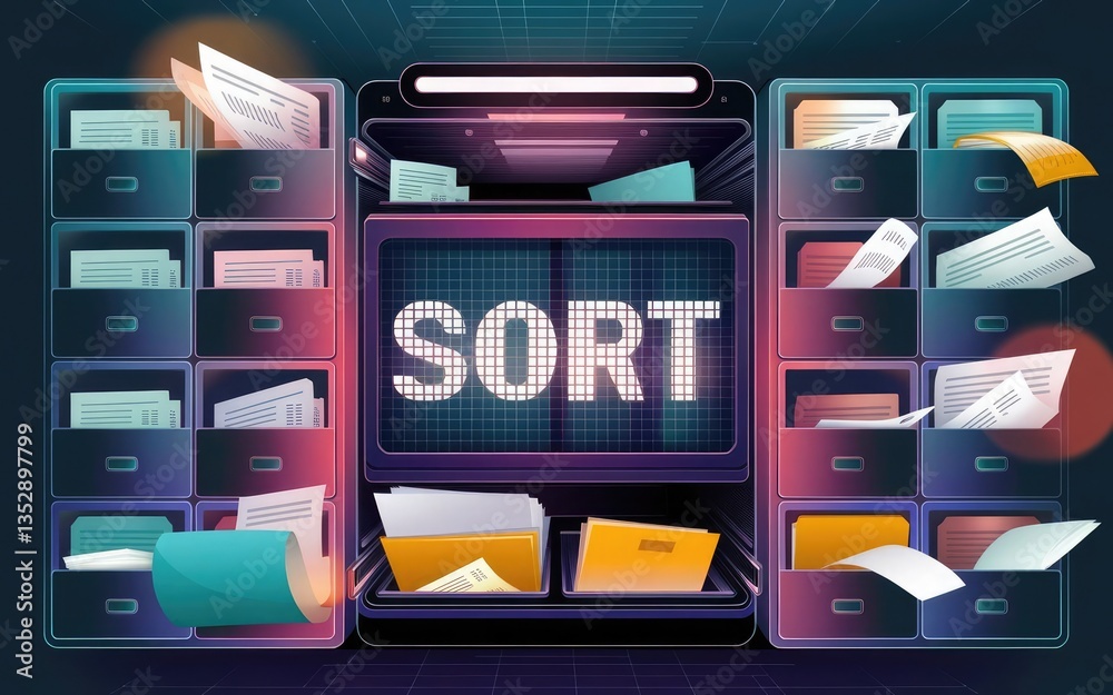 Poster sorting and organizing: a modern illustration showcases a digital interface with the word 