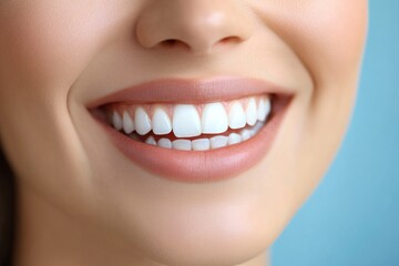 Fototapeta premium Smiling Woman Showing Perfect Teeth in Close Up Studio Shot