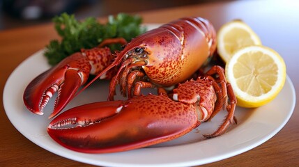 Red Lobster On White Plate With Lemon
