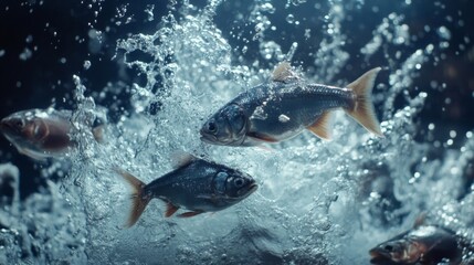 Fototapeta premium Fish Leaping From Water Splashing Dark Blue Background