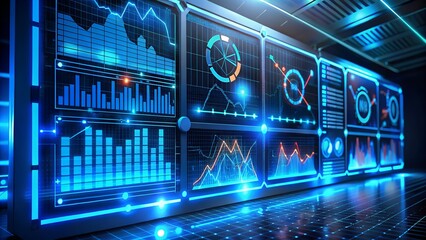 A glowing futuristic dashboard displaying digital analytics with neon-blue charts and graphs in a dark modern setting.
