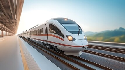 Naklejka premium Sleek, modern train zooms past a platform with mountains blurred in the distance