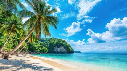 Obraz premium Pristine tropical beach paradise. Lush greenery meets turquoise water under a vibrant sky