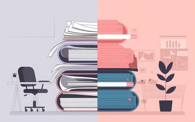 Work-Life Balance: A stylized illustration contrasts a desk piled with paperwork against an organized workspace, visualizing the struggle for balance in a modern professional life. 