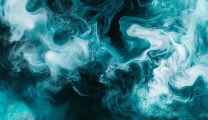 Obraz premium Abstract teal and white ink swirling on black background