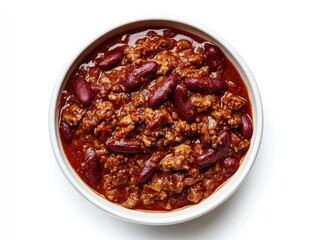Hearty chili in a bowl.  A savory blend of ground meat and beans, cooked in a rich, spicy sauce.  A comforting and flavorful dish