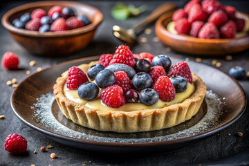 A delicate, golden almond flour tartlet filled with a velvety cashew cream, topped with a mix of fresh raspberries and blueberries. A drizzle of sugar-free dark chocolate adds elegance