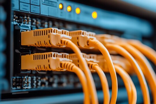 Close up view of a server rack with ethernet cables - Powered by Adobe