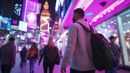 A vibrant city scene at night with people walking in neon lights.