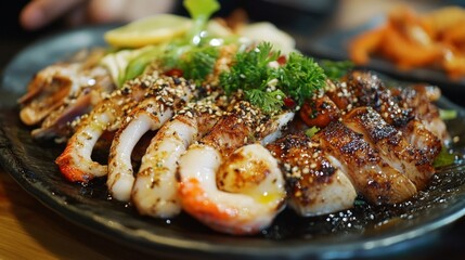 Grilled Seafood Platter with Sesame Seeds and Lemon