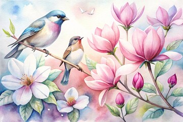 Watercolor Illustration of Birds and Magnolias in Spring