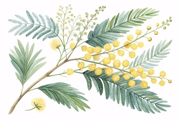 Watercolor Illustration of a Mimosa Branch with Delicate Green Leaves and Clusters of Yellow Flowers