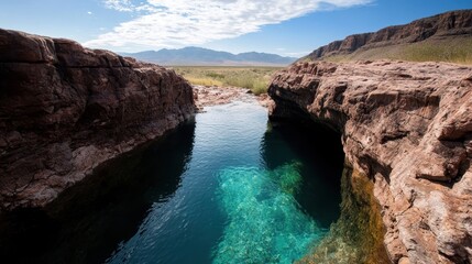 A breathtaking view of clear water flowing through a rugged rocky landscape, capturing the essence of nature's beauty and the allure of remote places.