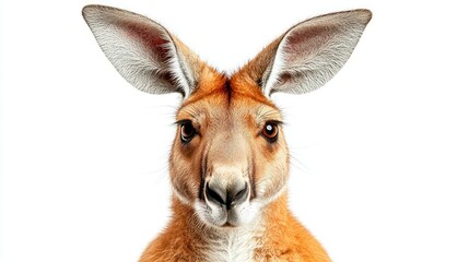 Kangaroo's face, light brown fur, big ears, dark eyes, against a white background