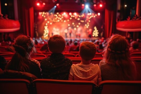 Children watch a Christmas stage performance in a theater, captivated by the lights and show.