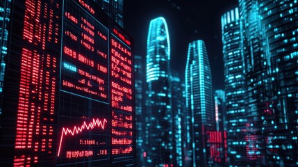 Urban night cityscape with digital stock market data