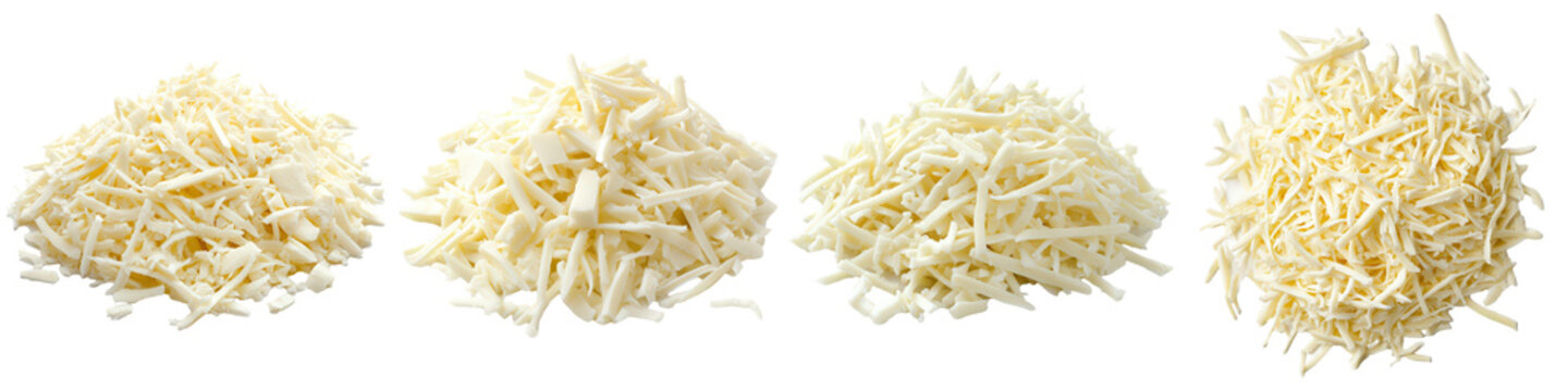 Four heaps of shredded mozzarella cheese ready for cooking, showcasing its creamy texture and culinary versatility.
